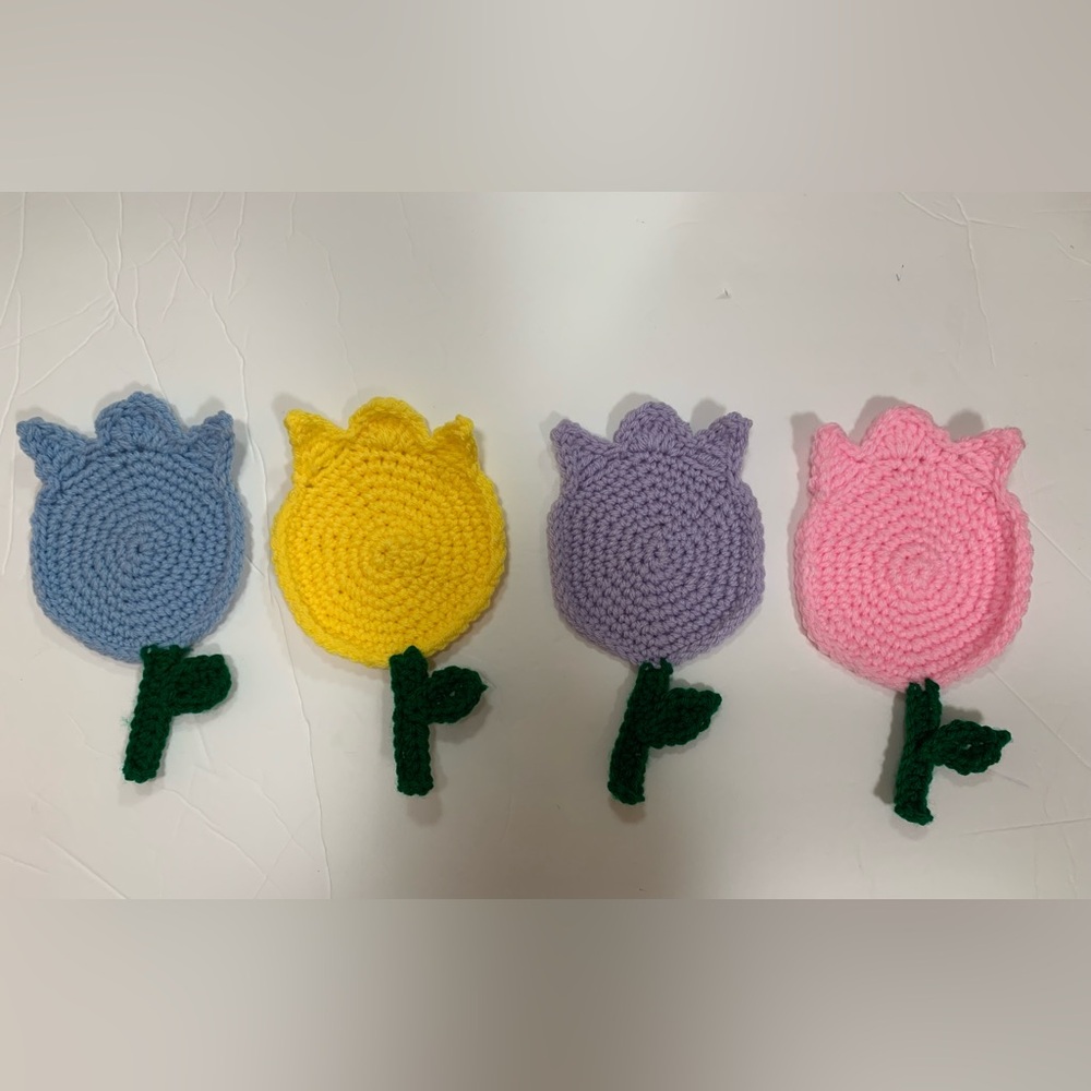 Tulip Coaster New Spring Four Yellow, Blue, Pink and Purple with Green Stem